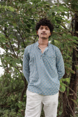 Sky Blue Butti Print Cotton Kurta