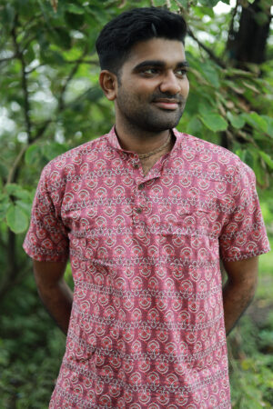 Dark Pink Bagru Print Cotton Half Sleeve Kurta