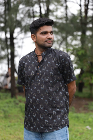 Black Sanganeri Cotton Half Sleeve Kurta