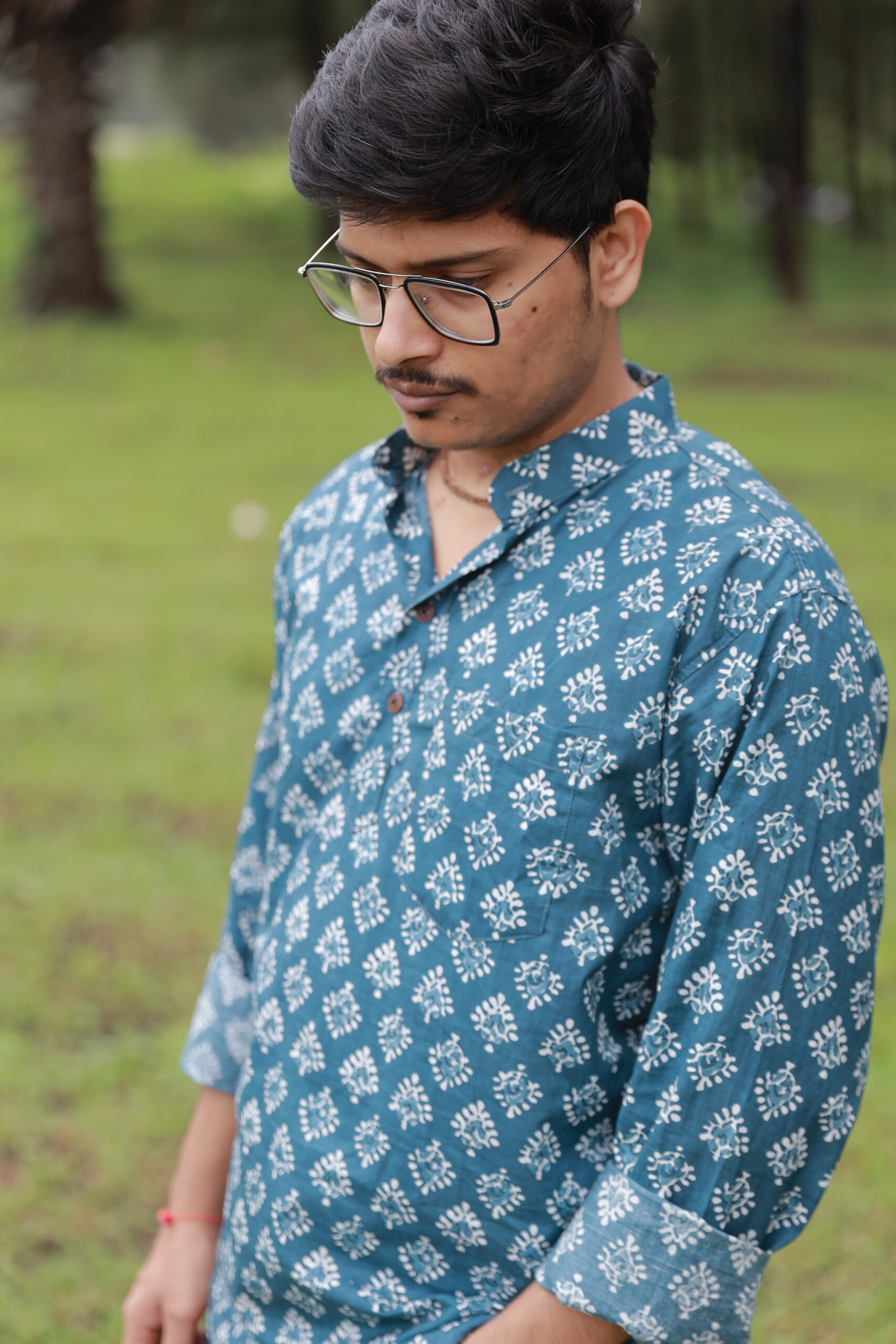 Teal Bagru Print Cotton Kurta - Image 4