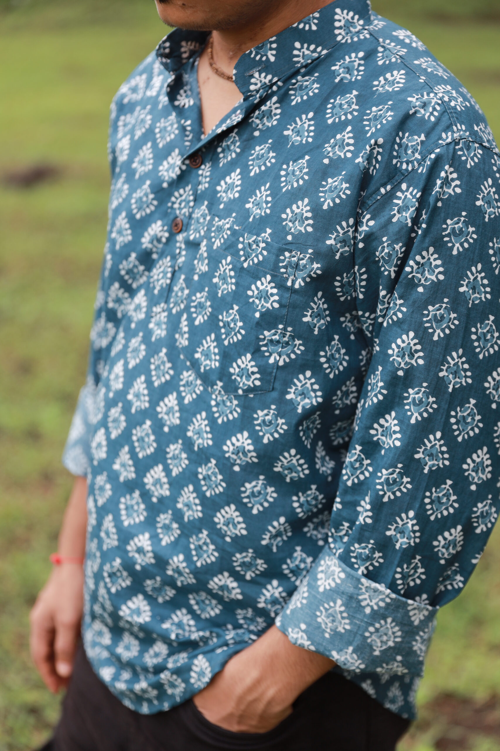 Teal Bagru Print Cotton Kurta - Image 3
