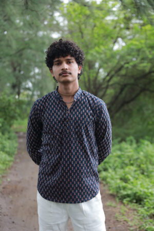 Dark Blue Butti Print Cotton Kurta