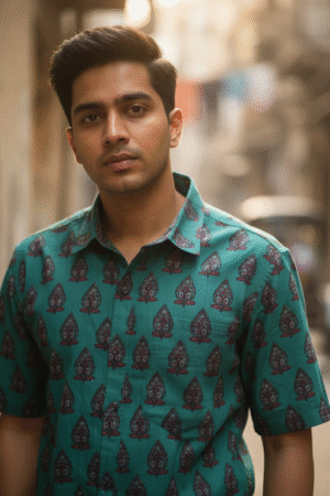 Green Bagru Hand Block Print Cotton Shirt with Teardrop Motifs (Size-M)