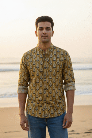 Mustard Bagru Floral Buta Block Print Cotton kurta (Size-M)