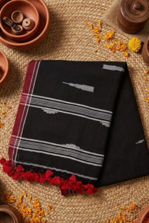 Black & Maroon Handloom Mul Cotton Saree