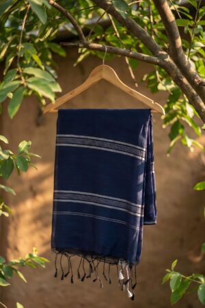 Navy Blue or Midnight Blue cotton-Silk Saree with Silver Zari Stripes