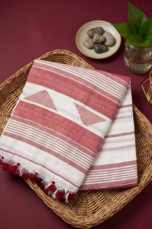 Off-White & Rustic Red Handloom Cotton Saree