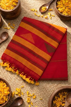 Radiant Red & Mustard Yellow Cotton handloom Saree