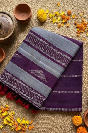 Ash Grey & Plum Soft Cotton Handloom Saree