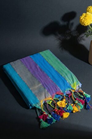 Cyan Blue, Violet, and Sea Green Mul Cotton Handloom Saree with Zari Detail