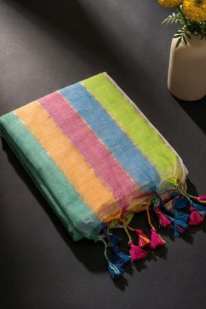 Sea Green, Peach, Rose Pink, Sky Blue, and Lime Green Mul Cotton Handloom Saree with Zari Detail