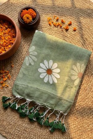 Sage Green Mul Cotton Hand-Painted Saree with White Daisy Motifs and Tassels
