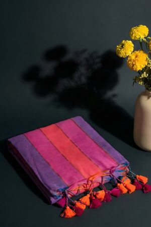 Violet, Pink & Orange Mul Cotton Handloom Saree with Zari Detail