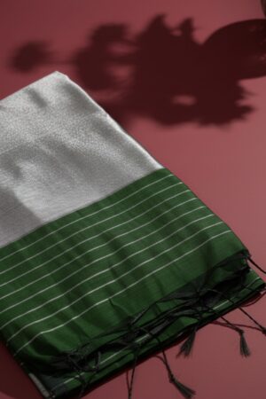 Emerald Green silk cotton blend saree with silver zari pallu