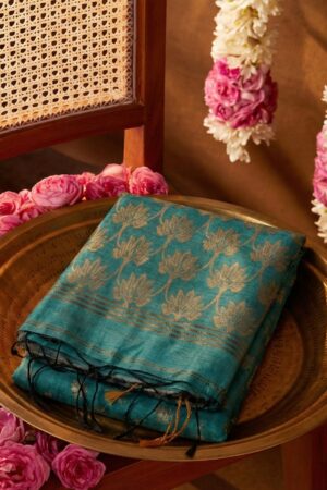 Teal Blue Cotton-Silk Saree with Woven Gold Floral Motifs