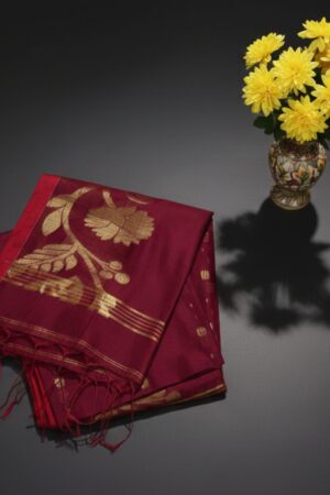 Deep Maroon Cotton-Silk Saree with Large Gold Floral Weaves