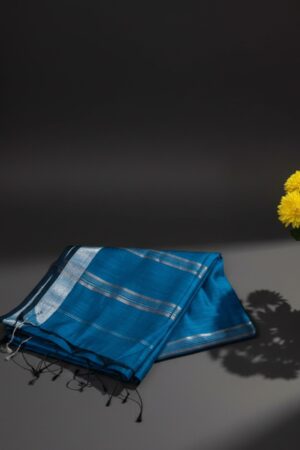 Electric Blue Cotton-Silk Saree with Silver Zari Stripes