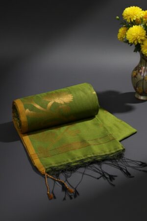 Leaf Green Cotton-Silk Saree with Large Gold Floral Weaves