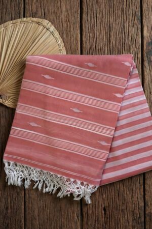 Dusty Rose Striped Soft Cotton Saree with Hand-Knotted Tassels