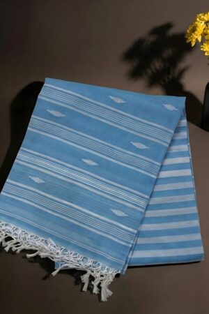Sky Striped Soft Cotton Saree with Hand-Knotted Tassels